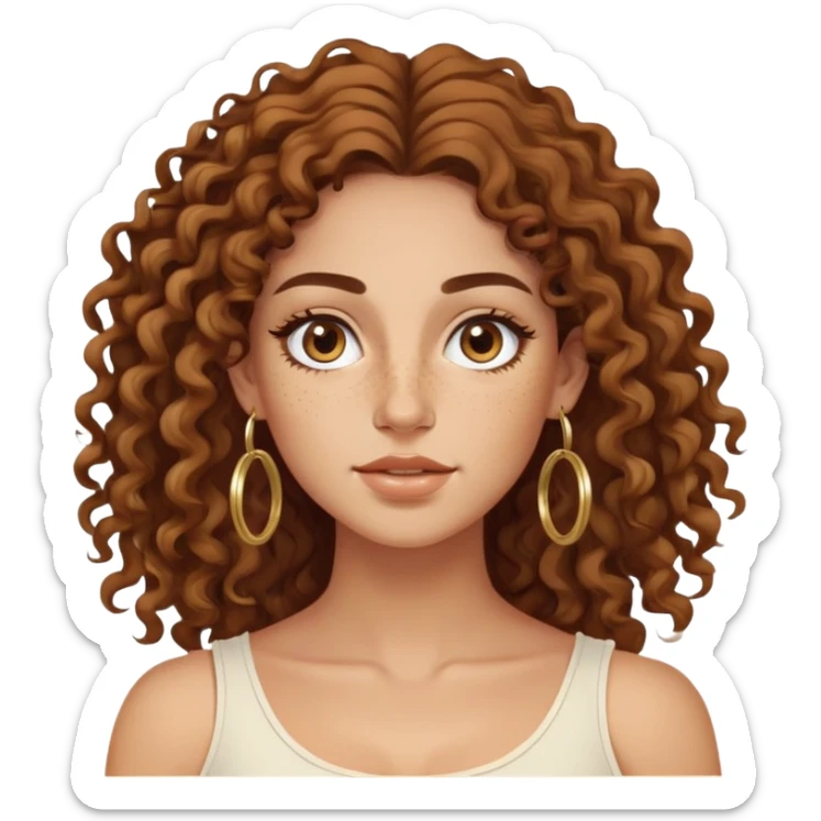Attractive Greek woman with a wide face, freckles, long curly brown hair and gold hoop earrings sticker