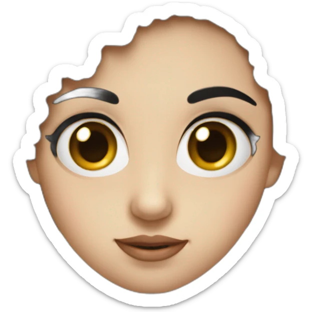 A girl with black hair, bushy eyebrows, big eyes, an average nose, an average nose and a rounded face sticker