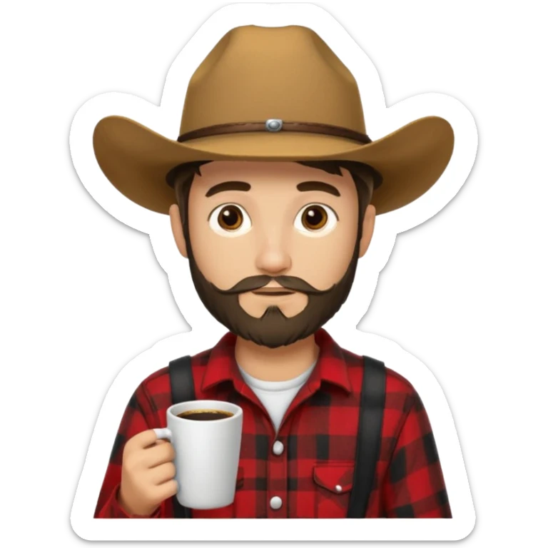 generate an ios genmoji of a 20 year old tan boy with a cowboy hat and side burn beard. Wearing a flannel and carrying a coffee mug sticker