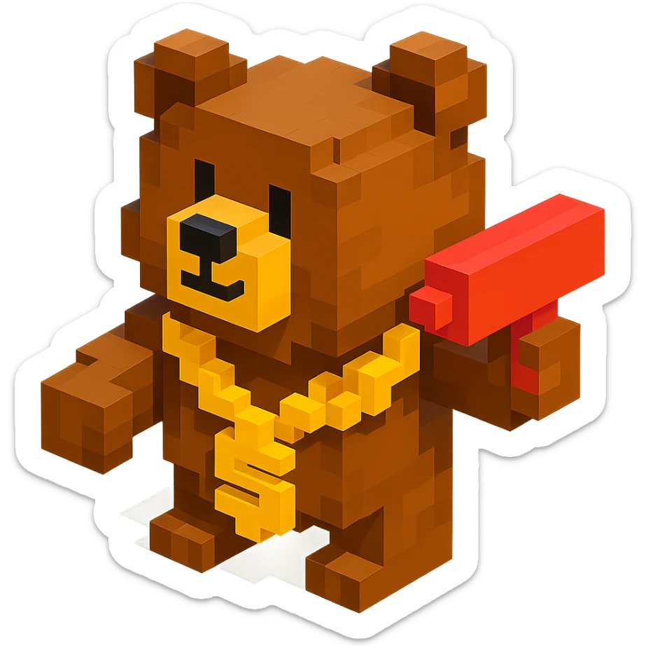 Russian grizzly bear wearing a rapper chain and holding a money gun sticker