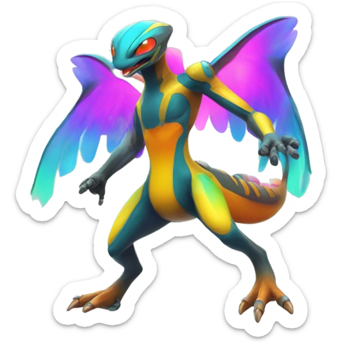 Colorful Neon Colors Vibrant Colors Flying Futuristic Fakémon-Pokémon-Creature Full Body sticker