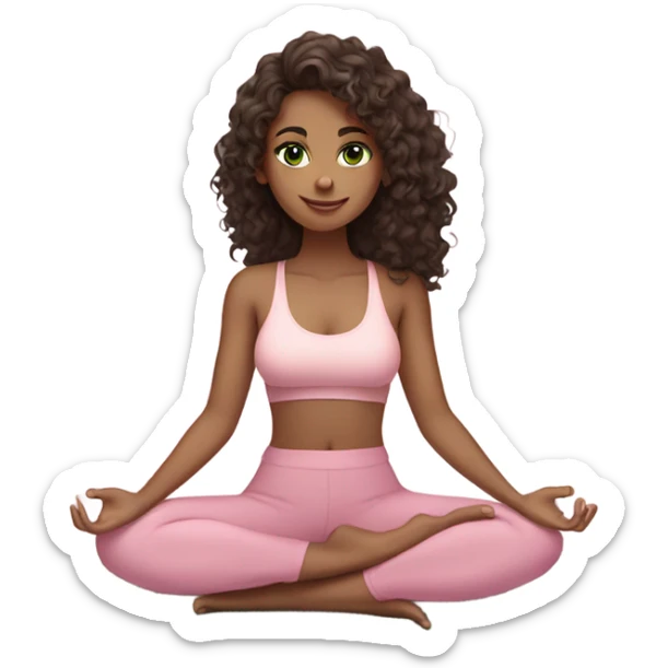 Dark brown long curly hair and green eyes yoga beautiful young woman in light pink pink pink clothes sitting on a yoga mat sticker