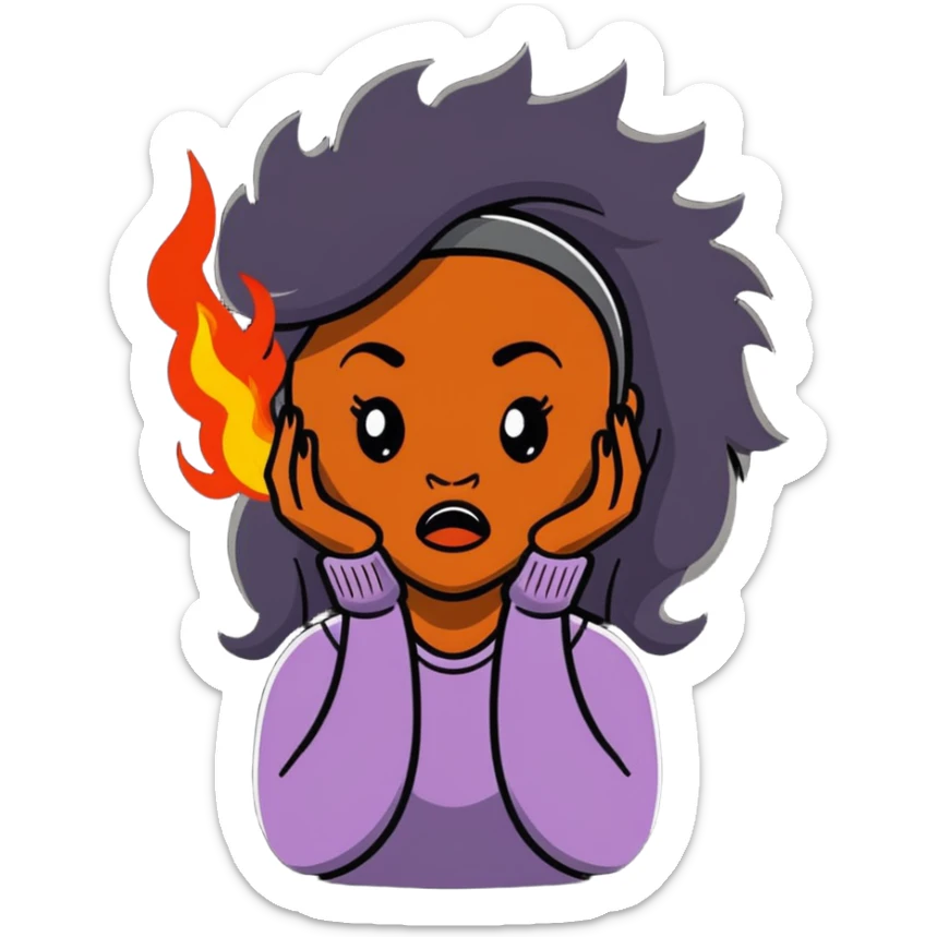 African American woman with long hair, frustrated expression, hair on fire sticker