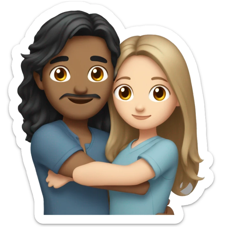 Friends hugging each other. Indian man with black hair. White woman, blue eyes and long light brown hair sticker
