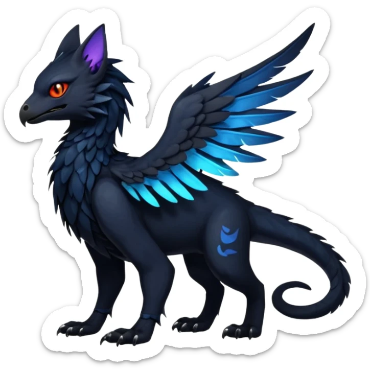 Black Dark Exotic Beaked Feathery Nocturnal Neon-glowing Abyssal Nightly Abyss-Cat-Gryphon-Salandit-Nargacuga-Silvally-Fakémon Creature (full body) sticker