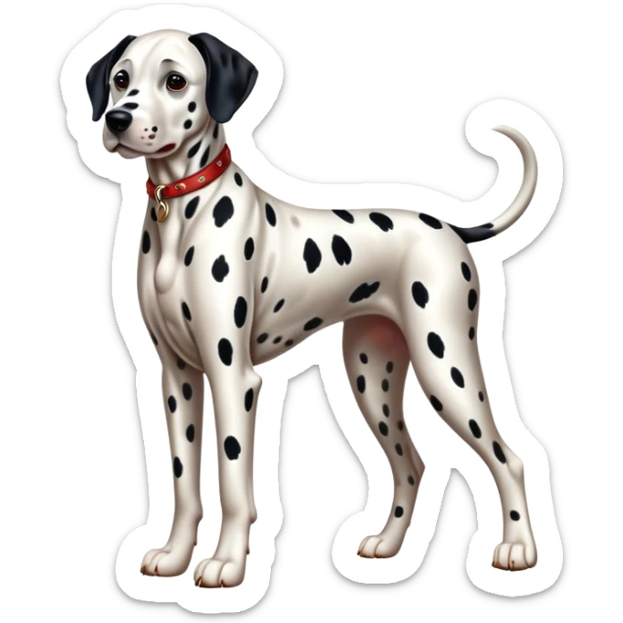 Cinematic Realistic full-body portrait of a Dalmatian dog, rendered with glossy, meticulously detailed spotted fur and expressive, alert eyes, set against a clean, neutral backdrop that highlights its regal and athletic stance. sticker