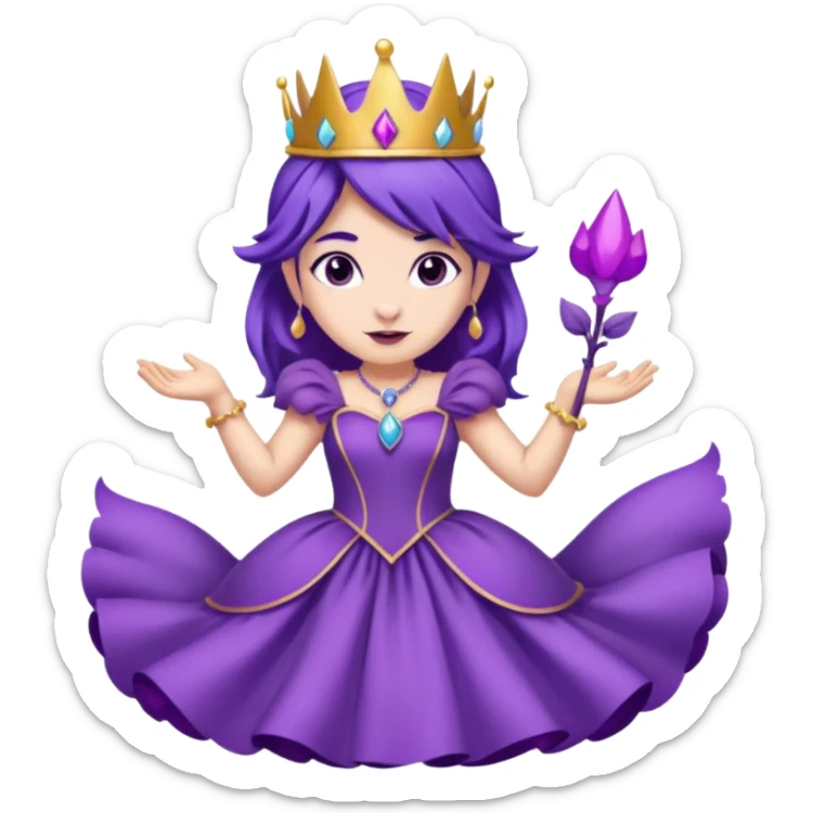 A princess wearing a purple dress and crown with purple hair and purple wolf ears and purple wolf tail character. doing different actions against a white background And make a gap between each illusion sticker
