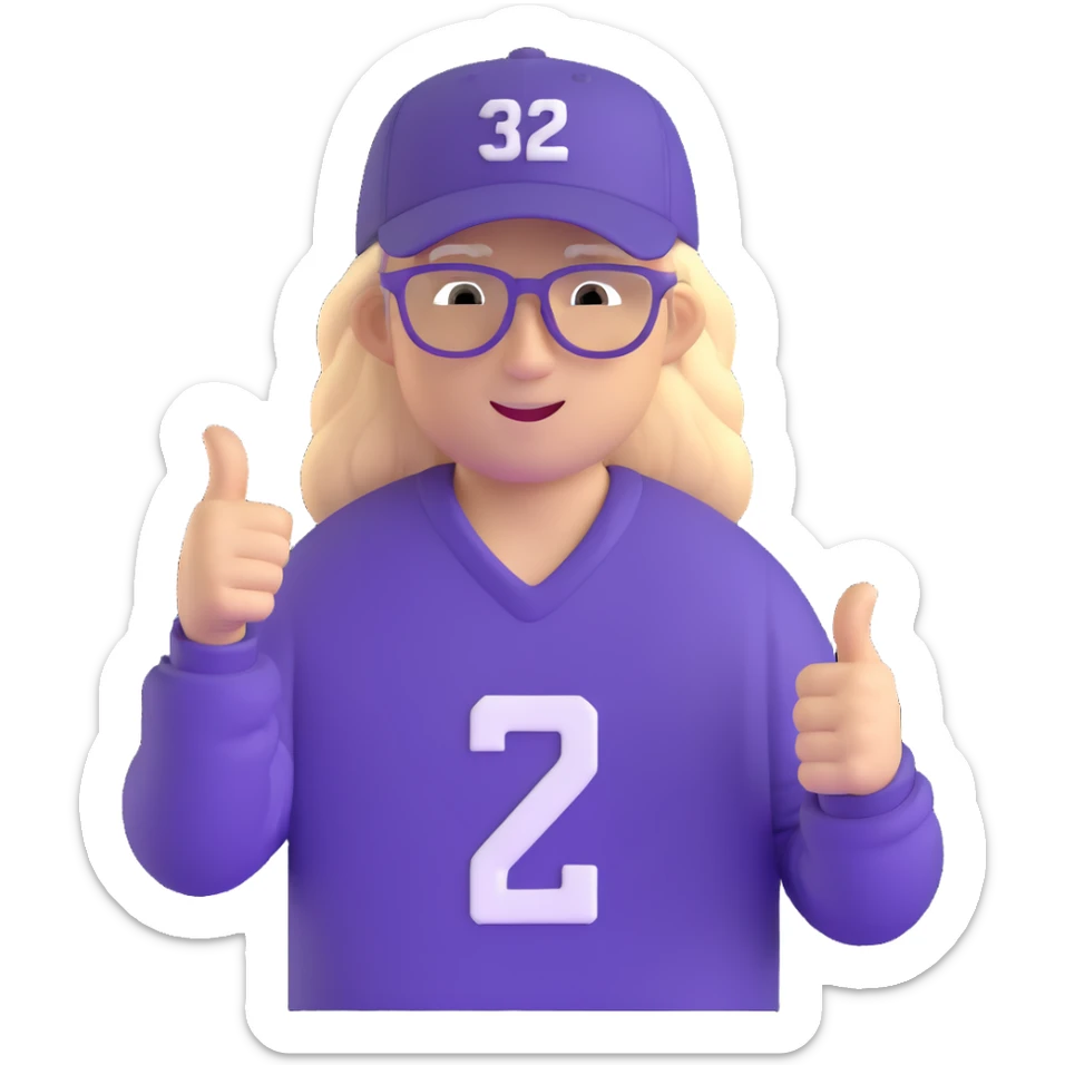Man with black and white cap, purple sports jersey with number 32, clear glasses, light blond mullet hairstyle, thumbs up sticker