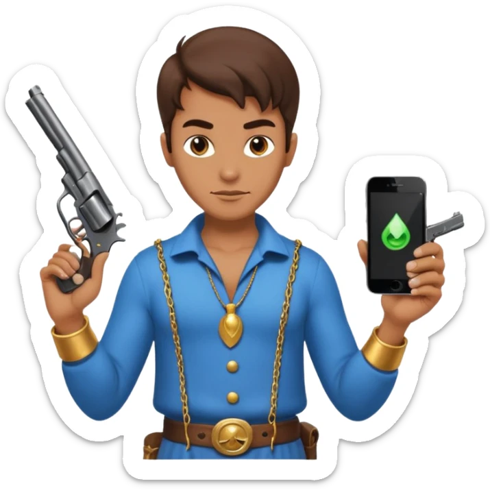 genie holding a revolver in one hand and an iphone on the other sticker