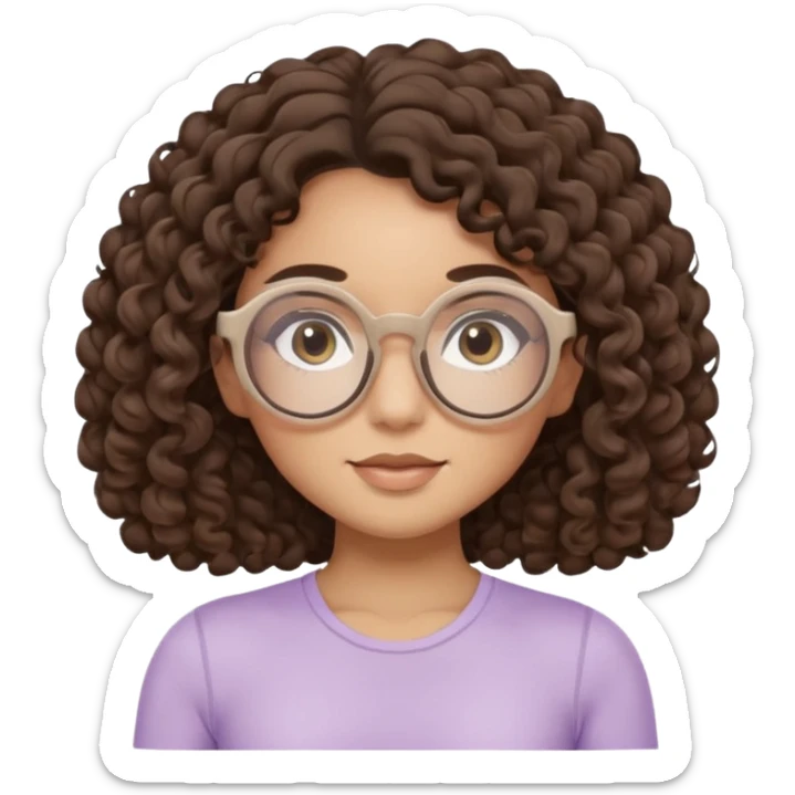 Memoji-style illustrated girl with dark brown curly hair, round glasses, large brown eyes, soft rounded face, warm beige skin tone, wearing neutral Pilates activewear, calm wellness aesthetic, pastel colors, sticker-style digital illustration, smooth shading, white outline. sticker