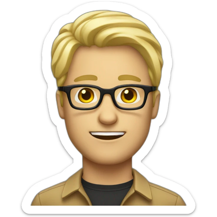 adult man with blond hair with black glasses, without smile, with the body sticker