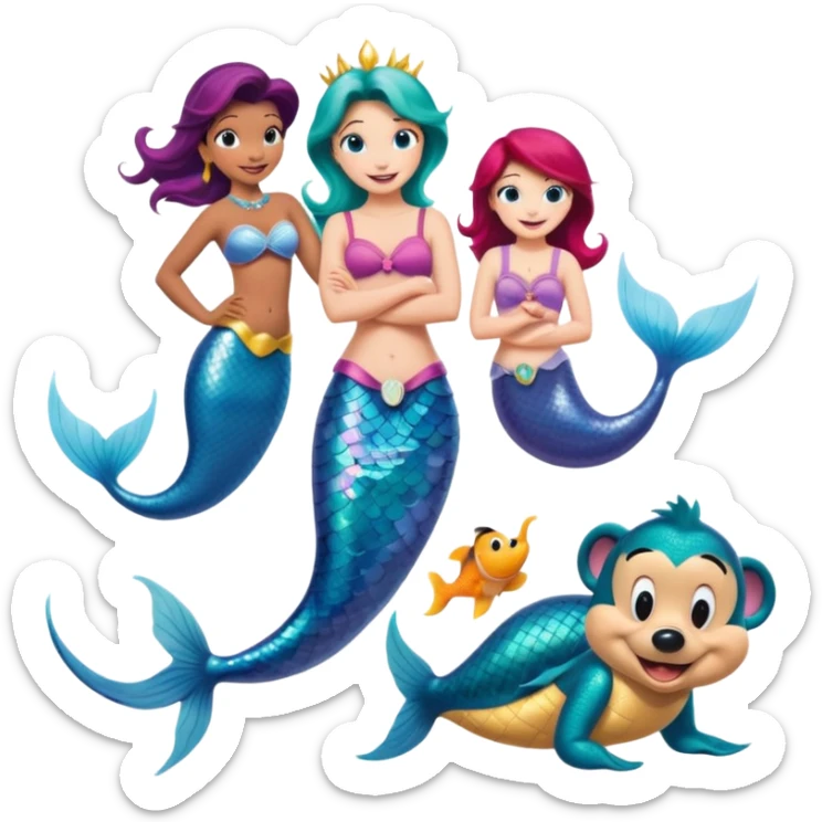 Colorful icon for Animated Movies: mermaid costume and could A vibrant collage featuring iconic characters like Goofy, Mickey Mouse, Franco, Masha and the Bear and Luntik. Each character should be large and bright, set against a cheerful and playful background of Disneyland. Transparent background. sticker