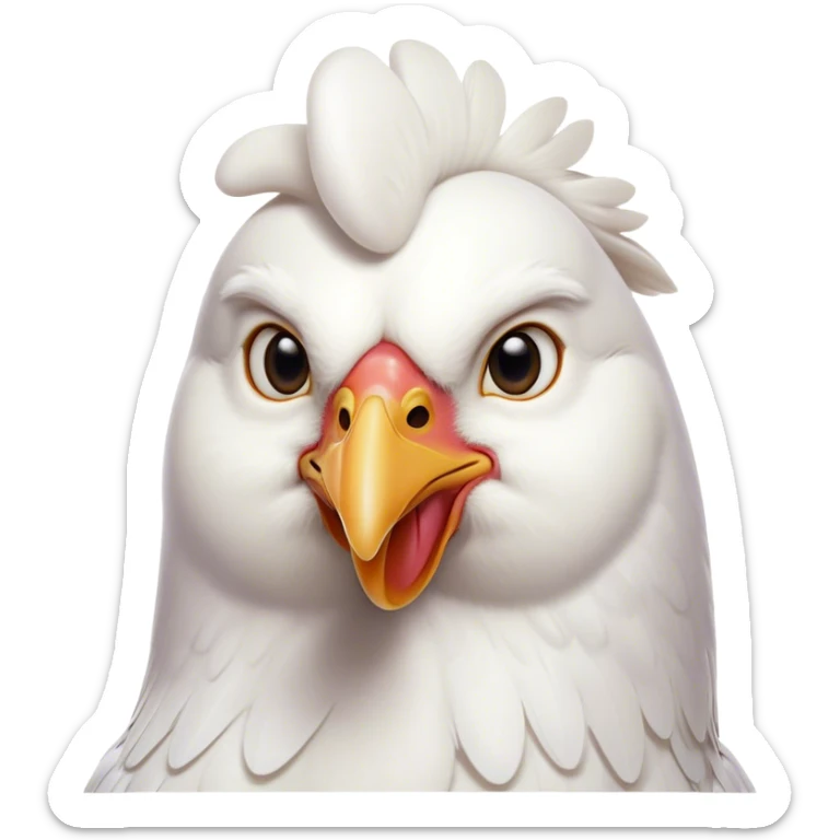 Cinematic Noble White Chicken Portrait Emoji, Poised and regal, with a compact, sturdy build and a pristine, well-groomed pure white plumage, deep-set soulful beady eyes, Simplified yet sharp and sophisticated features, highly detailed, glowing with a soft, dignified glow, high shine, intelligent and alert, stylized with an air of barnyard elegance, focused and attentive, soft glowing outline, capturing the essence of a watchful and confident fowl, so majestic it feels as though it could strut out of the screen with effortless authority! sticker