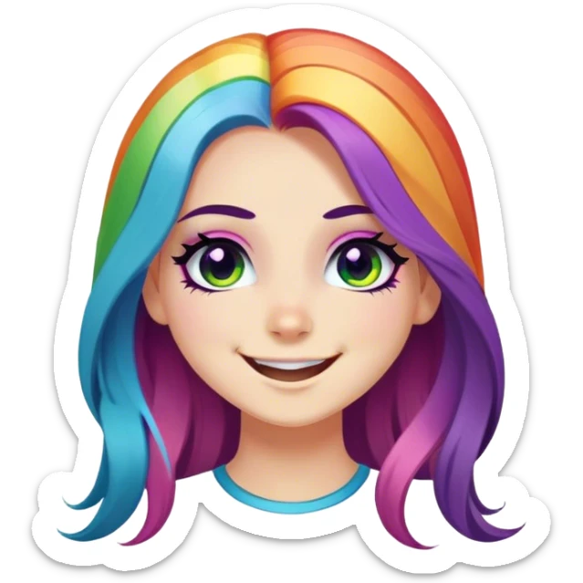 Pretty Girl with black eyeliner and long rainbow hair doing a mischievous smile sticker