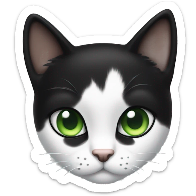 A small tuxedo cat with sleek black fur and a white chest, paws, and belly. It has bright green eyes, long white whiskers, and a white mustache going across its face. sticker