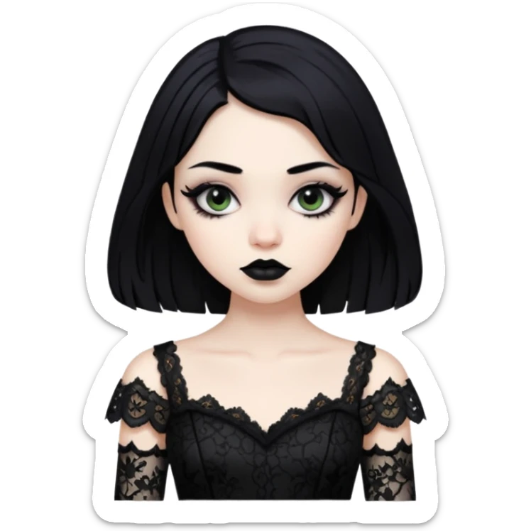 gothic girl pale skin with black lipstick and black hair and eyeliner wearing a black dress lace  sticker