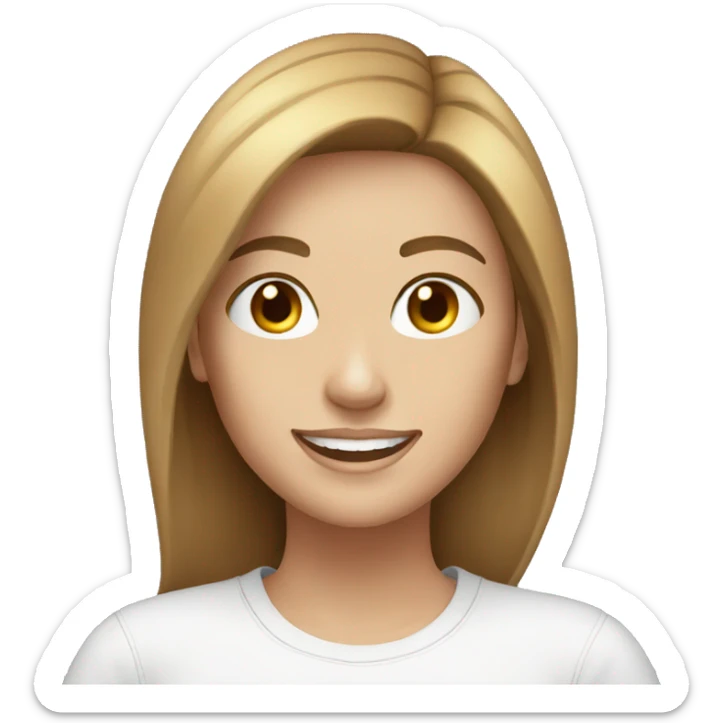 Woman in her late twenties, white, brown hair smiling, tshirt jeans sticker