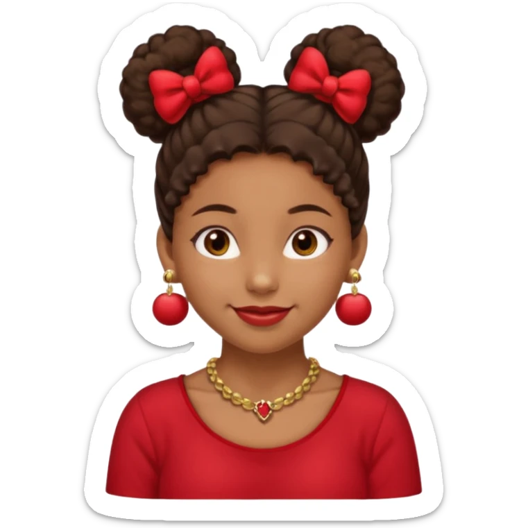 Brownskin girl dark brown hair fluffy.Two buns with red bows brown eyes smiling closed mouth red shirt gold esrrings gold necklace sticker