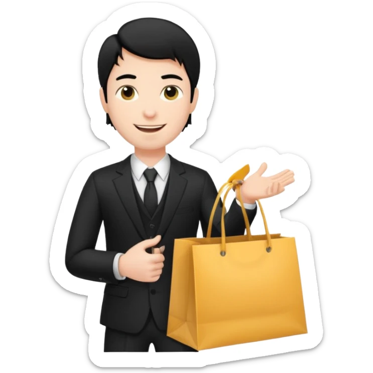 a white man black hair in a black suit with clothing shopping bag sticker