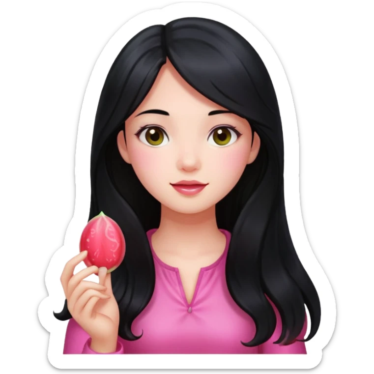 A girl with long black hair holding a piece of guava hard candy sticker