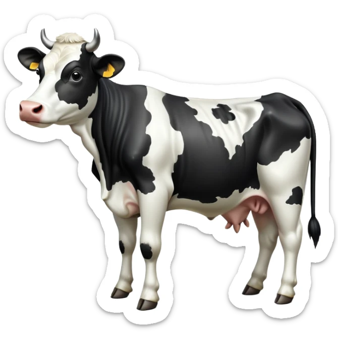 cinematic-[black and white cow]-realistic-full-body-standing-emoji,-tail-flicking-lazily,-head-tilted-dramatically,-sleek-[black and white]-coat,-simplified-yet-realistic-focused-features,-highly-detailed,-glowing-with-an-almost-sarcastic-glow sticker