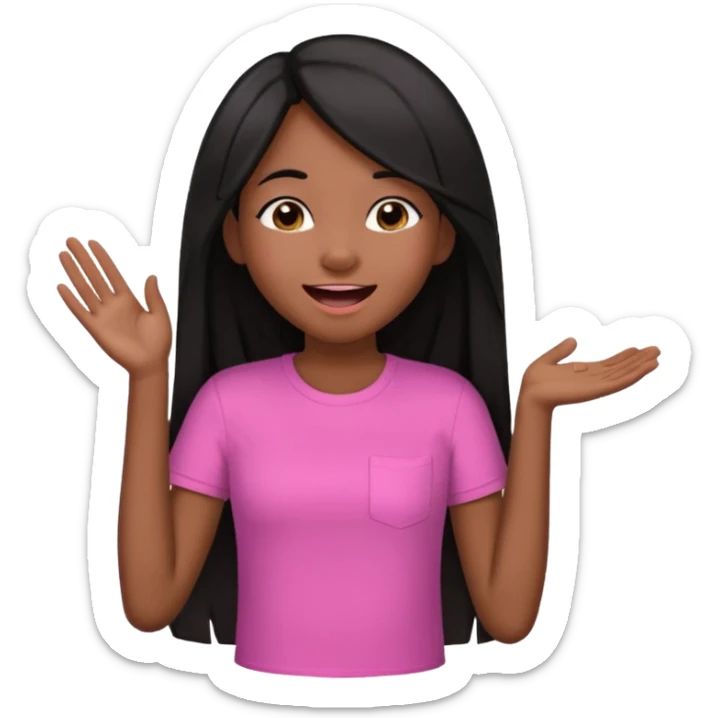 Chocolate brown girl wearing a pink shirt with long straight jet black hair giggling, she has one hand behind her back and one over her mouth  sticker