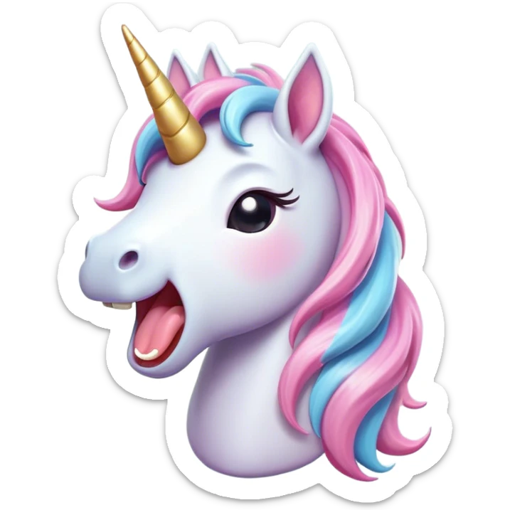 Cinematic Cute Yawning Unicorn Pony Portrait Emoji, Head tilted slightly with a dramatic, wide-open yawn, showcasing a petite, softly glowing form with a gently drooping mane, a subtle, shimmering horn and sleepy, half-closed eyes, Simplified yet irresistibly adorable features, highly detailed, glowing with a soft, cozy pastel glow, high shine, relaxed yet expressive, stylized with a dash of whimsical enchantment, soft glowing outline, capturing the essence of a drowsy yet affectionate unicorn pony that appears ready to stretch and yawn its way off the screen! sticker