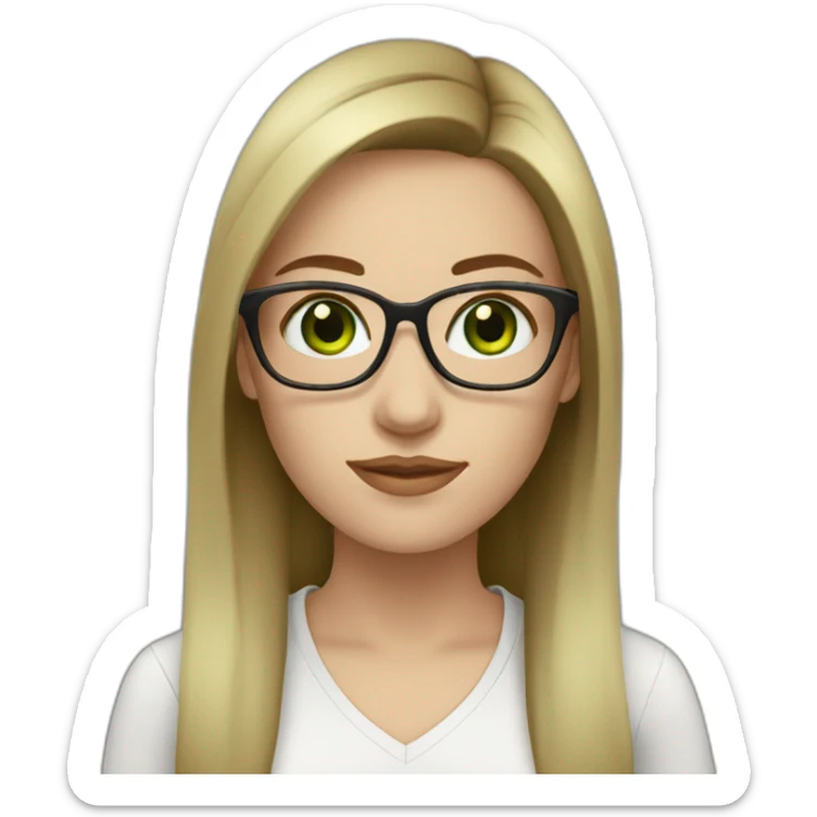 White woman with long dark brown straight hair and green eyes using glasses writing sticker