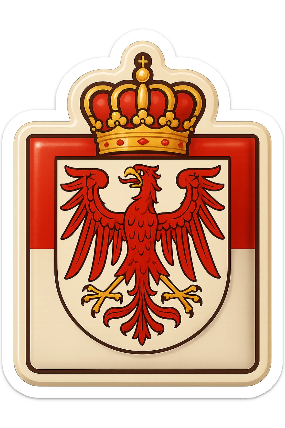 Create an emoji of the Brandenburg coat of arms featuring the red eagle and crown. Make it less cartoonish and more official looking. Use the official Brandenburg flag as a clear rectangular background similar to the Berlin icon style. Keep it in the same retro stickers style and do not include any text. sticker