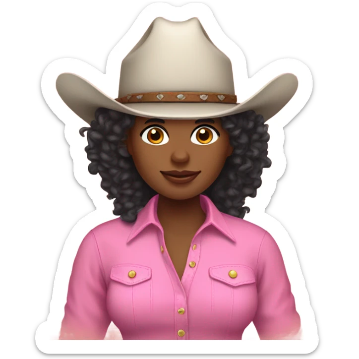 black cow girl with curly hair pink shirt and cowgirl hat and boots sticker