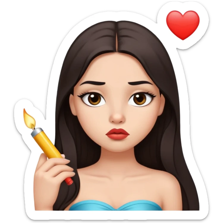 girl with lighter skin, dark brown long straight hair, pouty shiny lips without cupid's bow, large eyes, lighter button nose, long oval-shaped face, wearing a bandeau top sticker