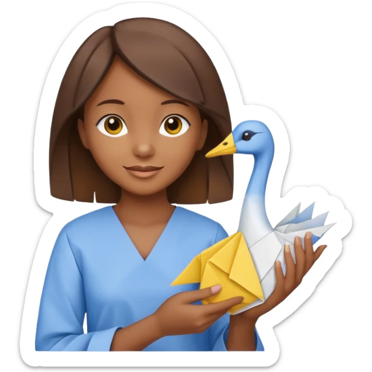 happy-african-young-girl-with-brown-hair-in-a-white-kanga-shirt-holds-an-origami-yellow-and-blue-crane sticker