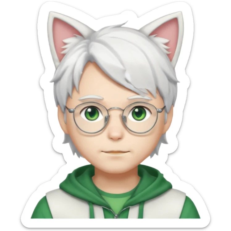 An anime guy with white hair, white cat ears, green eyes, and glasses, only head sticker