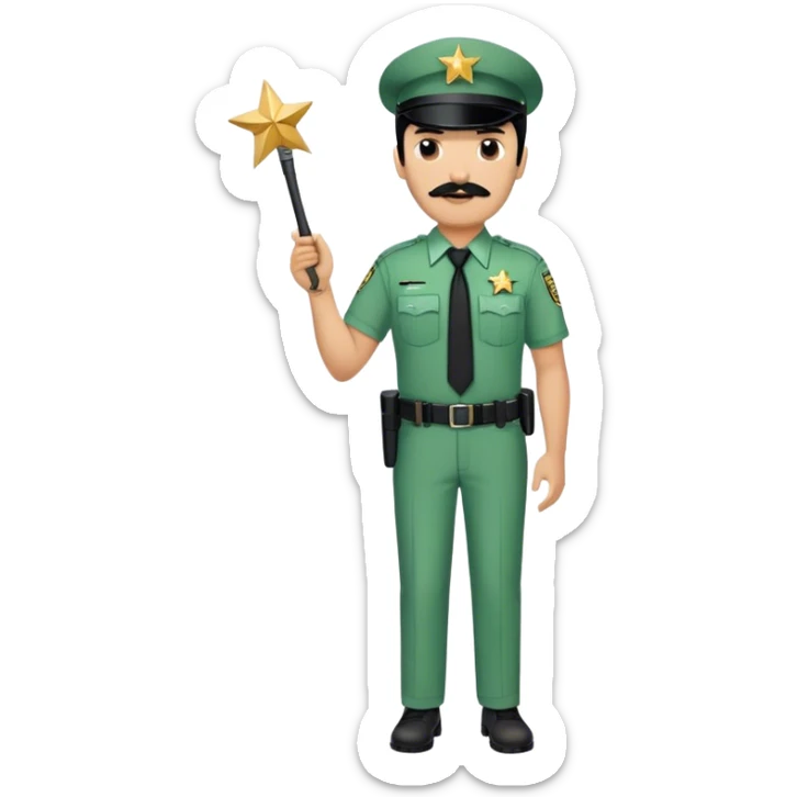 Chill guy in correctional officer green uniform. Full body. Black hair black mustache.  Light brown skin tone. Star badge. With duty belt and baton. Tan shirt with tie sticker