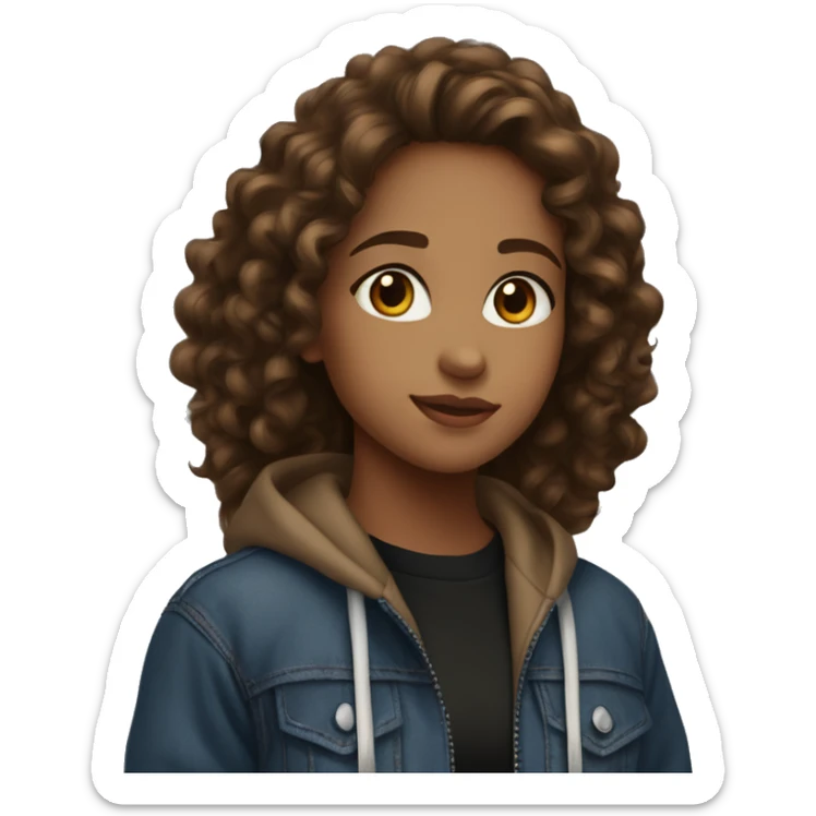 Girl with hazel eyes, tan skin, and long brown curly hair wearing a black zip up hoodie amd blue jeans  sticker