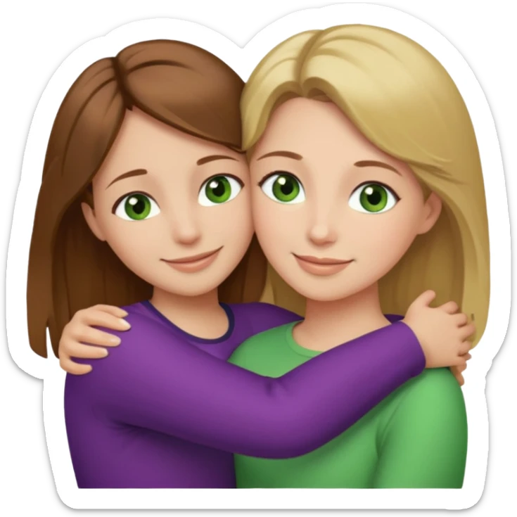 Maman cheveux marrons yeux marrons peau blanche et fille cheveux blond yeux verts peau blanche qui se font un câlin  sticker