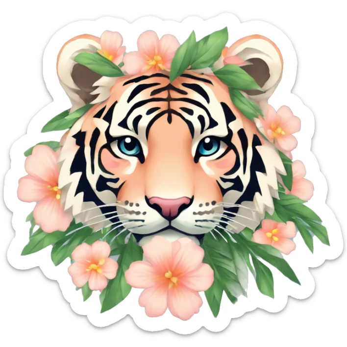 Pixel art of a pixel pink peach beige blue cream pastel pixel tiger wearing tropical flowers and leaves, flower crown, floral, pixel sticker
