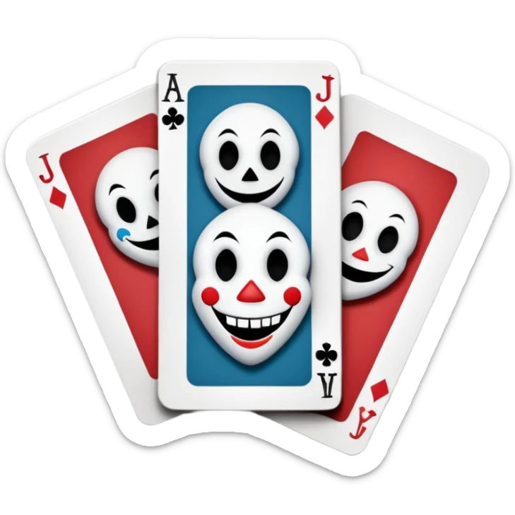 bunch of 3 poker cards, with crazy colorful human jolly jokers inside, inversed face, cuphead style sticker