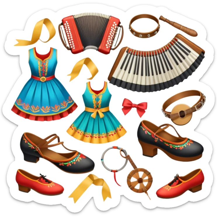 Humanless Icon for Folk Dance: close-up traditional dance shoes, colorful folk costumes, and a dance circle with ribbons and musical instruments like a tambourine or accordion. The icon should represent the vibrant and cultural aspects of folk dancing. Transparent background. sticker