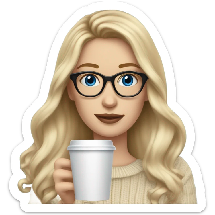 Blonde balayage long hair white women beige sweater blue eyes and small glasses holding coffee sticker