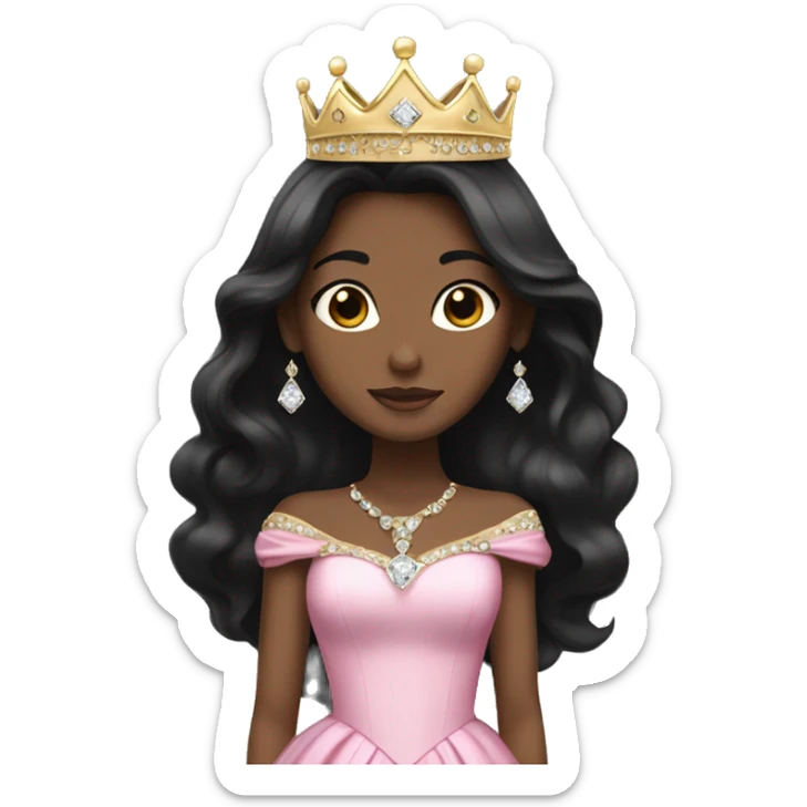princess with black long hair, pink gown, gold crown, white skin, diamonds sticker
