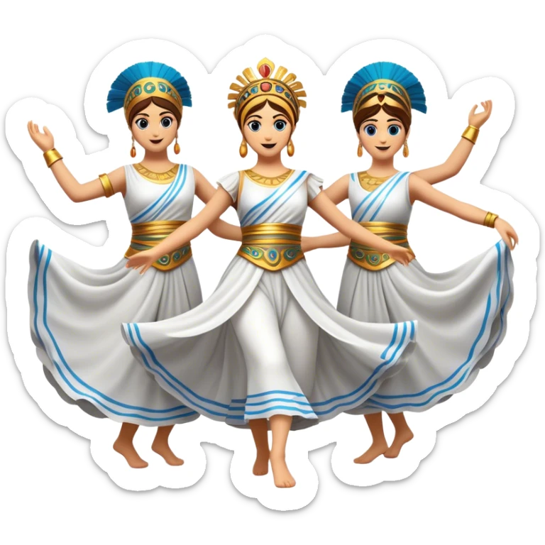 Cinematic Realistic Sirtaki Dance Emoji, depicted as a vibrant traditional Greek dance scene with flowing movements and expressive costumes, rendered with dynamic textures and warm festive lighting that captures its cultural exuberance. sticker