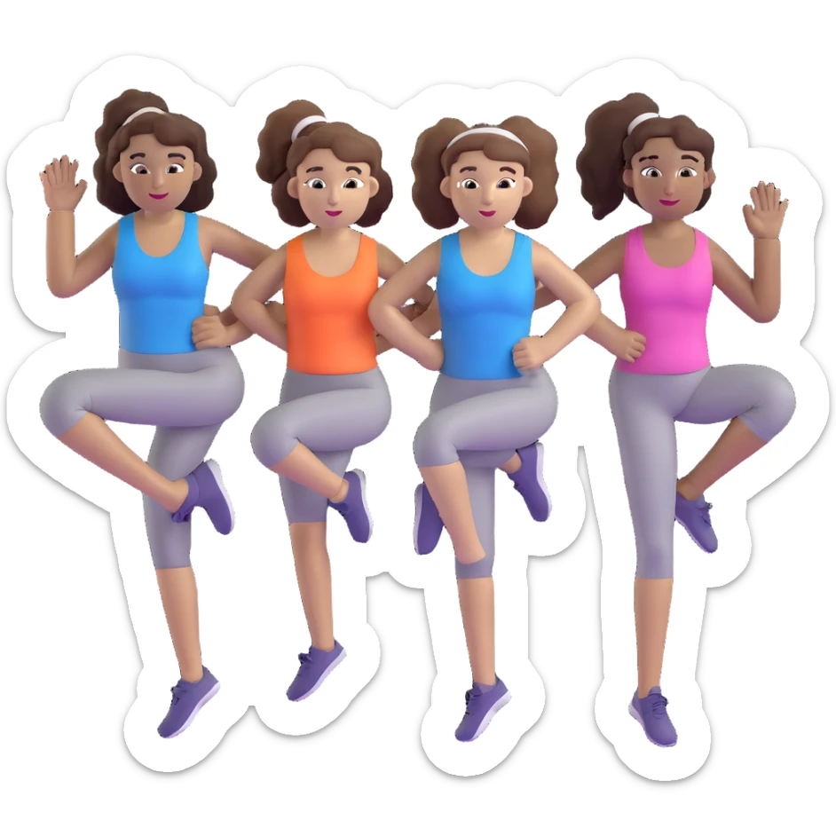 three women friends exercising together, one black woman with curly brown hair, one pale white woman with curly brown hair, and one white woman with straight brown hair in a ponytail sticker