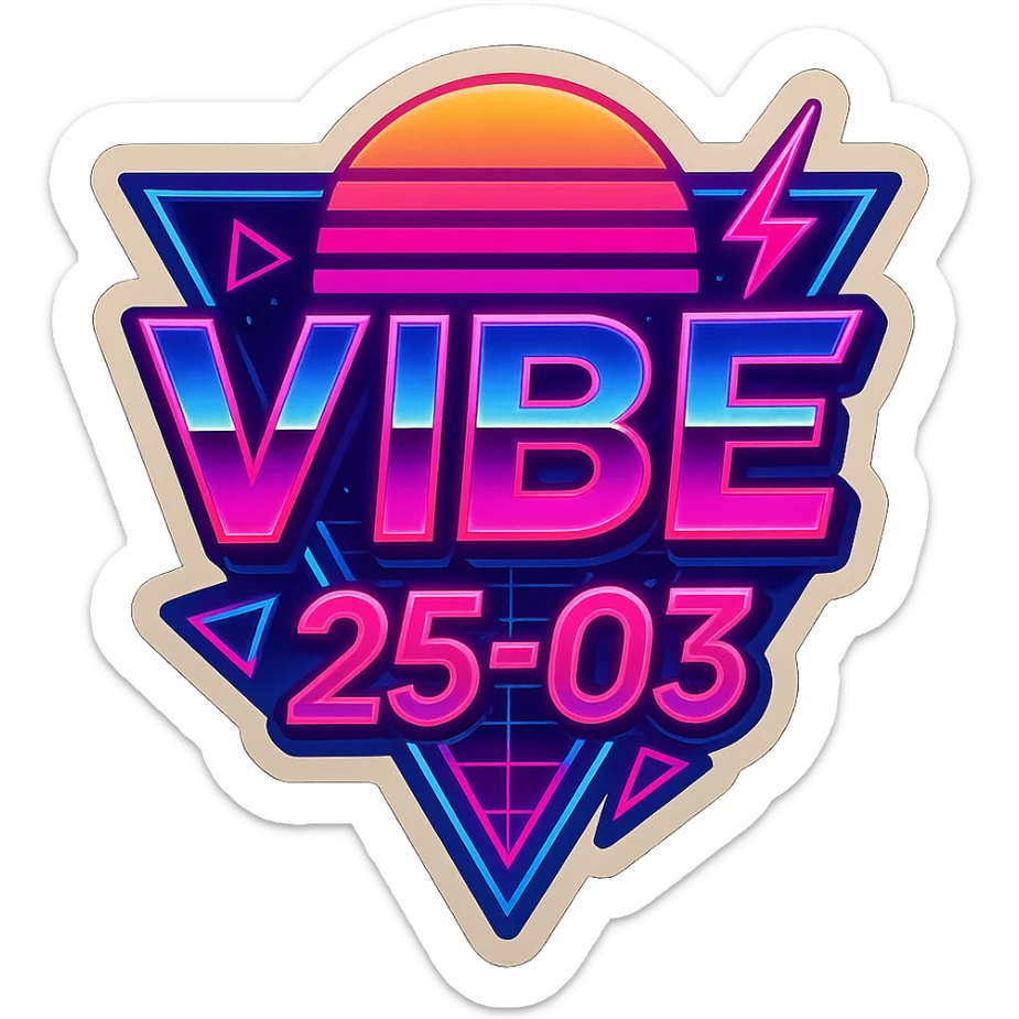 Transform the VIBE25-03 logo into an 80's retro style with neon colors, bold geometric shapes, and vintage synthwave aesthetics. Keep it vibrant and energetic, capturing the essence of classic 80's synthwave visuals with glowing neon lights and dynamic shapes. sticker