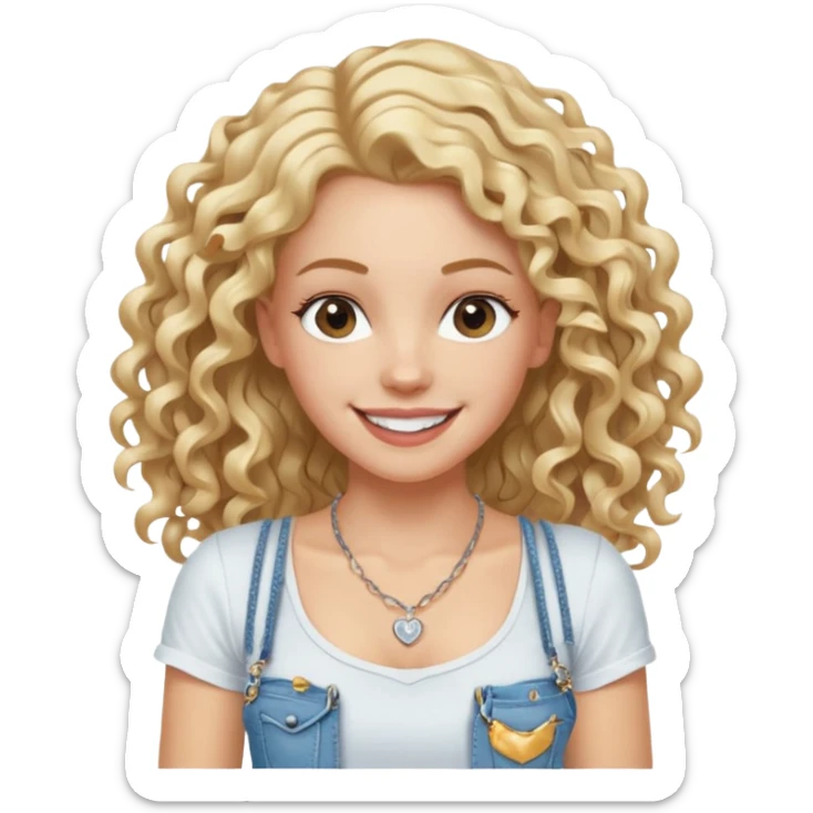 white girl with long curly blond hair and hairgrip, thin athletic with toned arms and legs, wearing jeans white strappy t-shirt necklace, big white smile sticker