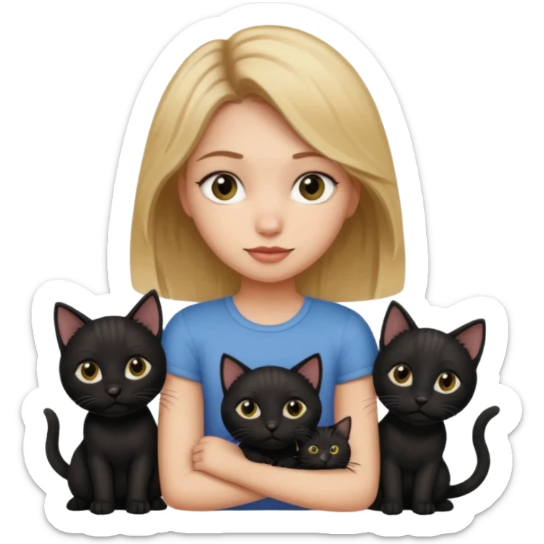 Girl with dirty blonde hair with 4 black kittens and 1 bigger black cat and a tabby kitten and 1 black dog sticker