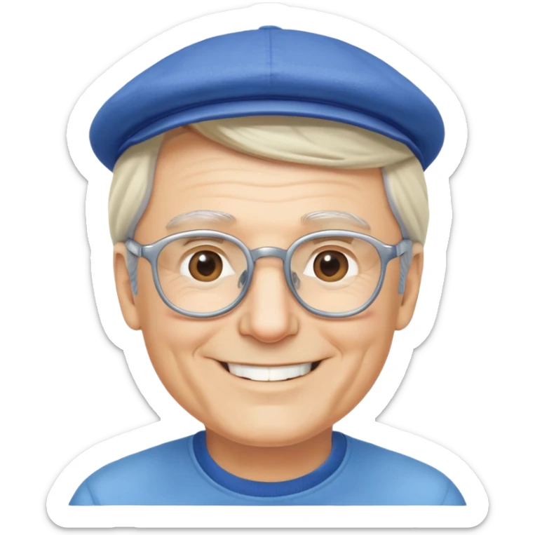 người đàn ông 60 tuổi, da trắng, tóc bạc hơi ngả vàng, mặt cười tươi vui vẻ, đeo kính,đội mũ màu xanh, nửa thân trên sticker