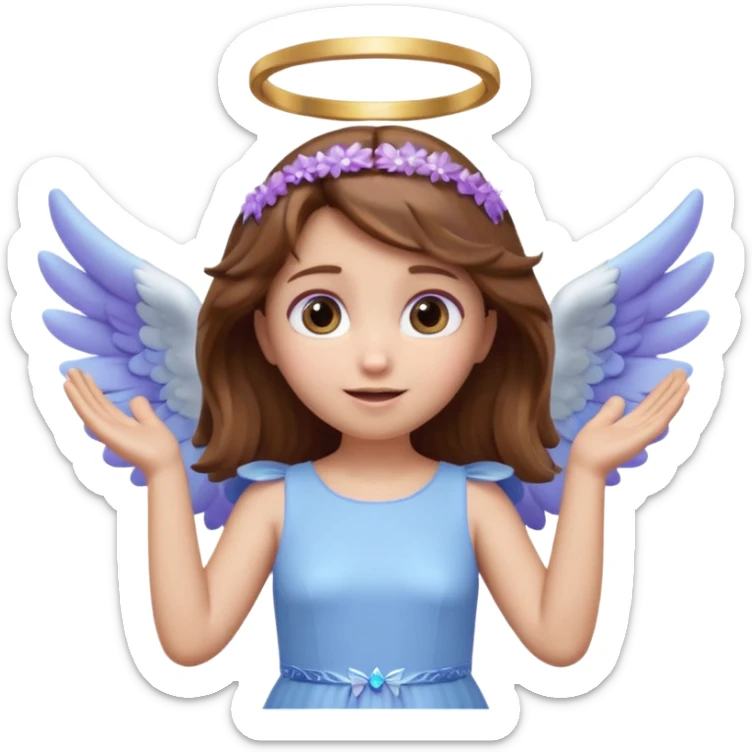 Cute 3D angel emoji, brown hair, glowing halo, small blue-white wings, pastel purple dress, hands raised, big expressive eyes, soft lighting, glossy texture, Pixar style, high detail sticker