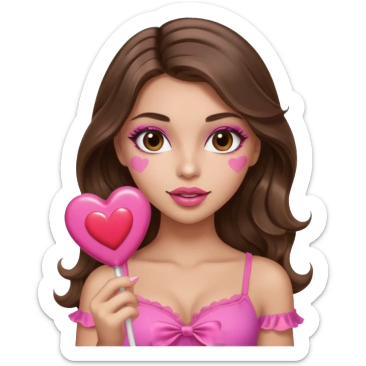 girl with long wavy brown hair, brown eyes, long lashes makeup, sexy pink lips, light to medium complexion, wearing a pink sexy top,, heart lillipop sticker