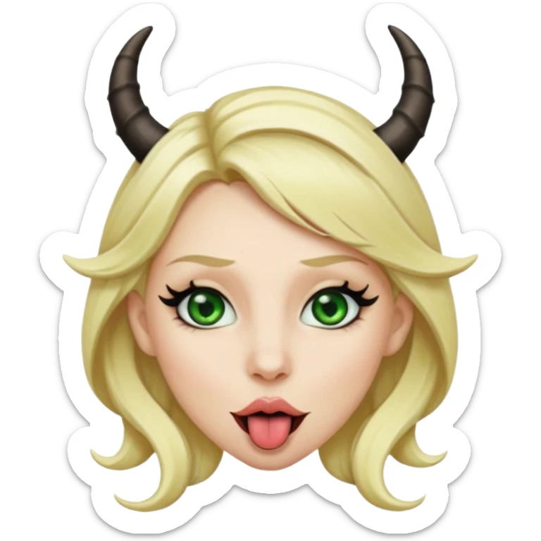 Emoji femme blonde habillée en noir cheveux blond, yeux vert avec de long cils noir qui tire la langue et à des cornes  sticker